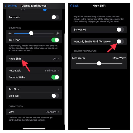 To fix auto brightness issue on iPhone, turn off the night shift