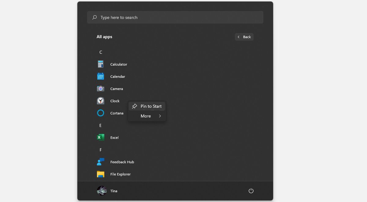 Pin an app to the Windows 11 Start menu from the All Apps view.