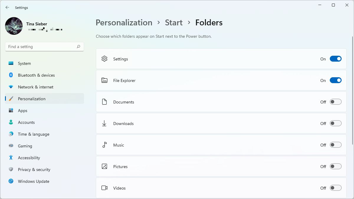 Add folders to the Windows 11 Start menu from the Settings app.
