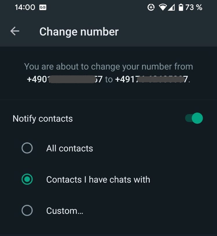 confirm whatsapp android change number